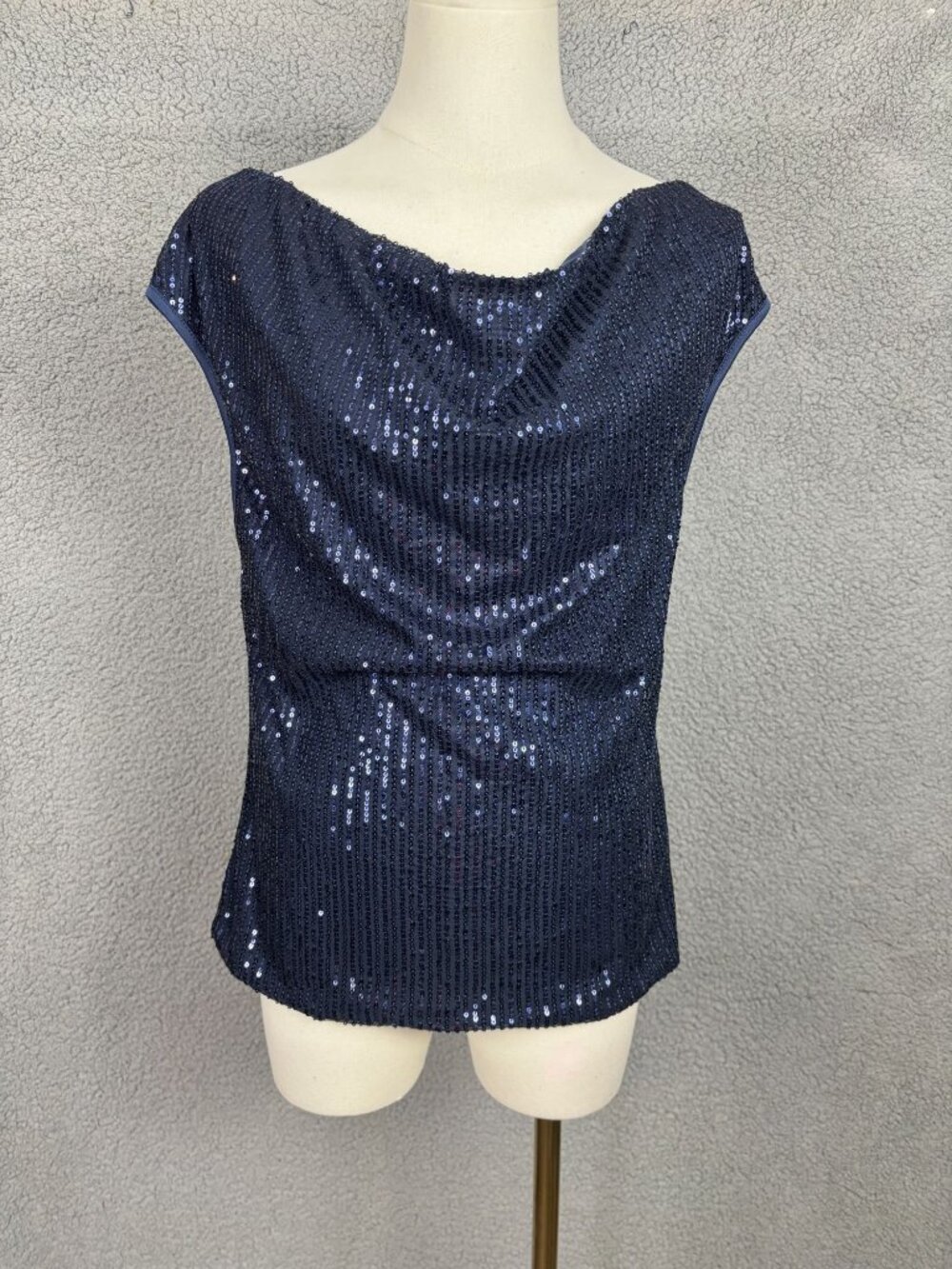 Sequined Navy Blue Sleeveless Top By Folunsi Cowl Neck Lined Size Small NWT's